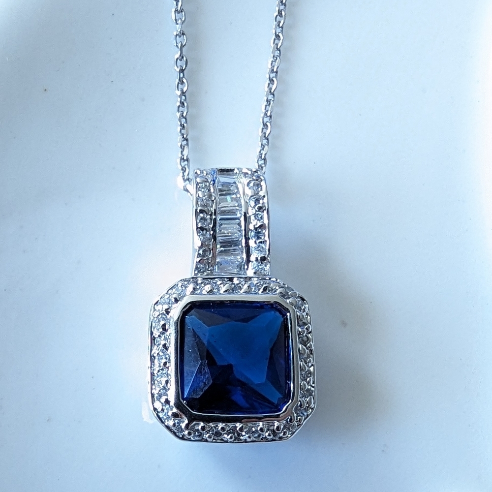 NWOT Sterling Silver Cubic Zirconia Pendant with Blue Gemstone